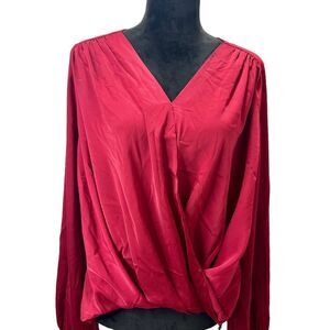 She and Sky Red Faux Wrap Long Sleeve Women's Top Size L NWT